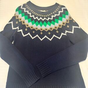 J. Crew Navy Sweater with Green and Gold Pattern